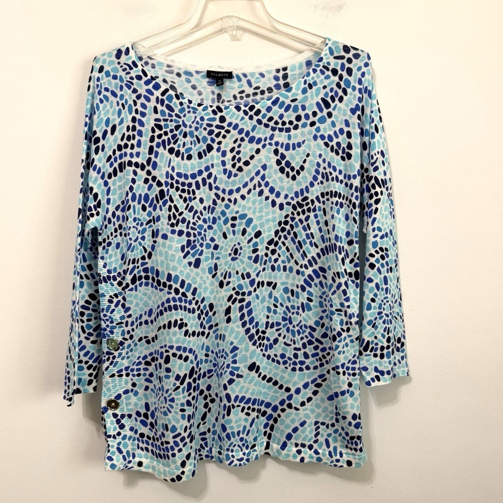 Talbots Mosaic Tile Knit Top M Boat Neck Button Sides 3/4 Sleeve Sweater NEW
